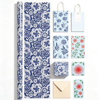 Kit d'emballage cadeau floral bleu et blanc style porcelaine Qinghua - Rouleaux de papier recyclable 80 g/m², sacs, boîtes, cartes, étiquettes pour tous