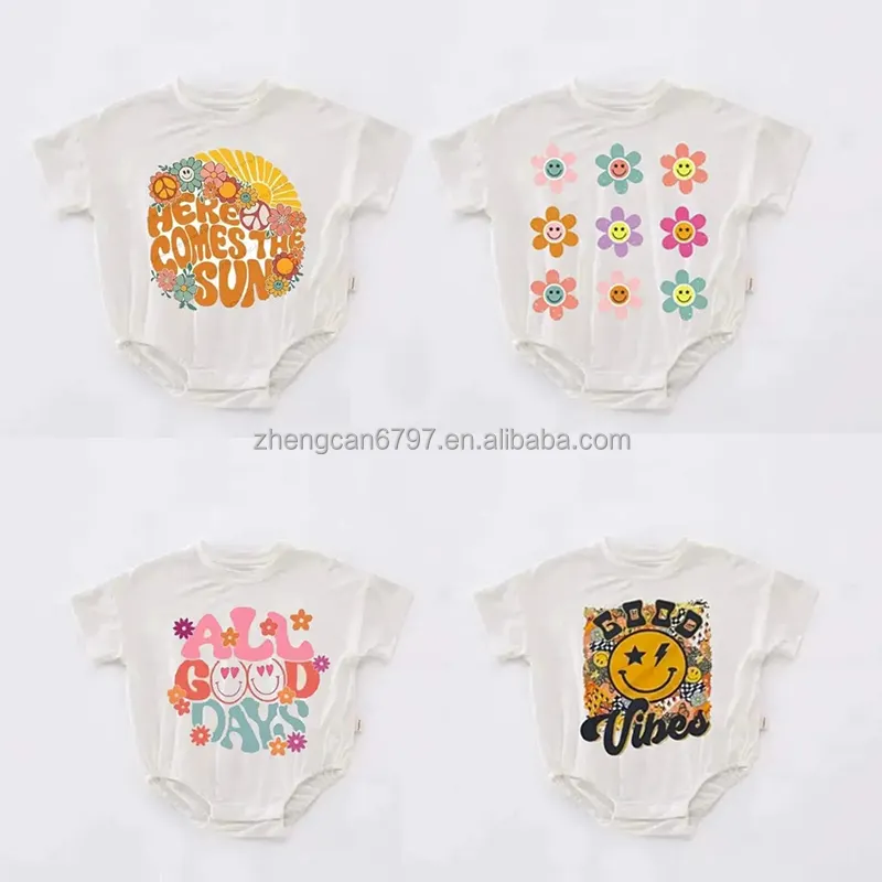 Romper kartun anak laki-laki lucu kustom Jumpsuit untuk bayi balita anak perempuan wajah tersenyum cetak pakaian lengan pendek Sweatshirt