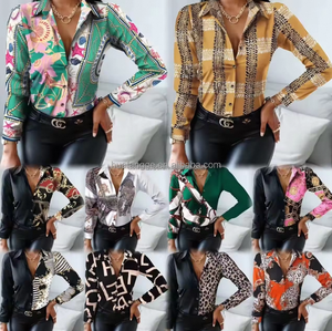 Camisa de manga larga de satén barata de alta calidad para mujer, decoración bordada, botón frontal, estampado informal, abertura lateral, cuello vuelto - Product Image 5