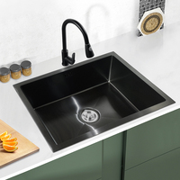 W Pia artesanal de cocina preta fait à la main au-dessus du comptoir simple granit carré Nano noir mat évier de cuisine 304 en acier inoxydable