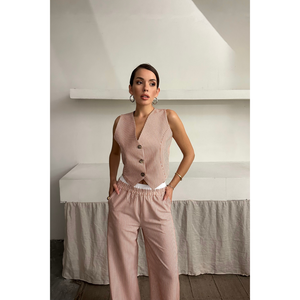 Conjunto de Dos Piezas para Mujer, Color Marrón, Chaleco con Rayas Tipo Waffle y Pantalones, Conjunto Elegante de 2 Piezas - Product Image 4