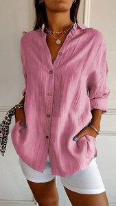 Camisa de Cor Sólida com Lapela, Tamanhos S-5XL, Blusa Plissada de Manga Longa, Estilo Americano, Vendas Quentes - Product Image 6