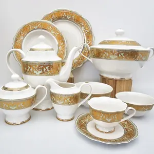 Embossed Gold Vaisselles De Luxe Porcelain Vintage Party Arabic Ceramic Tableware Set From New Bone China