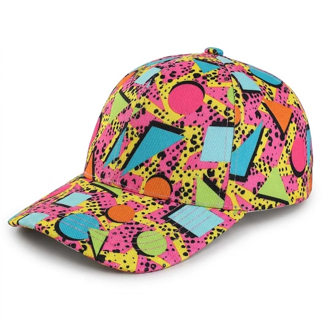 Wholesale Retro Memphis Style Geometric All Over Sublimation Printed Structured 6 Panel Baseball Caps Festival Party