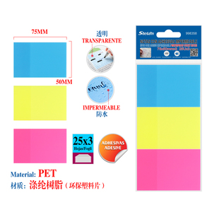 Confezione 75x50mm da 3 note adesive impermeabili trasparenti fluorescenti per uso ufficio e scuola - Product Image 1