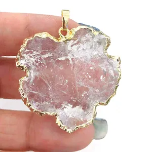 Wholesale Price Healing Crystal Pendants Gold Edge White Natural Gemstone Maple Leaf Pendant charm for DIY jewelry Accessory