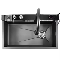 Évier de cuisine moderne en acier inoxydable brossé noir, fait main, avec cascade LED, cuve unique, compatible lave-vaisselle et robinet intelligent, OEM/ODM