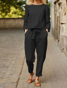 Grosir OEM Setelan Wanita 2 Potong Katun Poliester Lengan Panjang Kaos Longgar Celana Kaki Lebar High Waist Tali Serut - Product Image 6