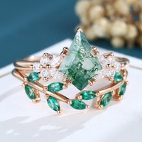 Ensemble de bagues en argent sterling 925 plaqué or rose avec agate mousse verte naturelle taille cerf-volant