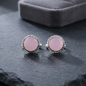 Boutons de manchette Niharika Gems en chalcédoine rose, forme ronde, sertis, en argent sterling 925 plaqué, bijoux unisexes. - Product Image 3