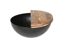 Table basse ronde en fer/WD, noire, avec plateau en tôle métallique naturelle et bois de manguier Aara, collection prix de gros