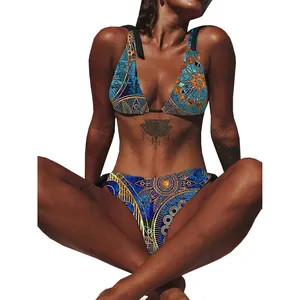 Yaz mayo etnik tarzı retro çiçek baskı seksi iki parçalı mayo afrika kadın tasarımcı moda brezilyalı bikini