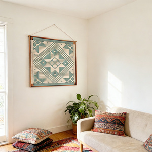 Arte Murale Minimalista in Cotone Intrecciato Verde Acqua con Motivi Geometrici per Uffici e Biblioteche Contemporanee - Product Image 2