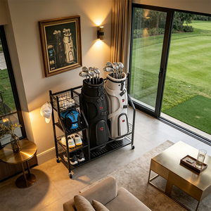 Estante de Almacenamiento para Palos de <span class=keywords><strong>Golf</strong></span> para Tiendas de <span class=keywords><strong>Golf</strong></span> y Clubes, Soporte Rodante Doble para Bolsas de <span class=keywords><strong>Golf</strong></span> con Cestas de Malla y Estantes para Zapatos - Product Image 5