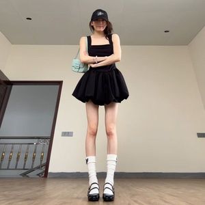 Black Spaghetti Strap Short Dress Tulip Skirt Natural Waist Pleated Casual Daily Wear Leisure Style - Product Image 4