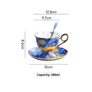 Ensemble tasse et soucoupe à café magnétique moderne, luxueux, écologique et durable, motif floral, option logo personnalisé, capacité <span class=keywords><strong>250</strong></span> ml - Élégant - Product Image 1