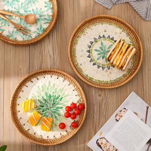 Vietnam fait à la main nacre plateau en rotin grand panier de coquille pour Table basse Snack Dessert fruits salon de thé paniers de rangement - Product Image 3