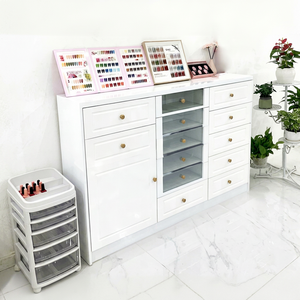 White Nordic Nail Polish Display Cabinet with Drawers Floor Storage Showcase for Nail Salon Beauty Shop - Product Image 1