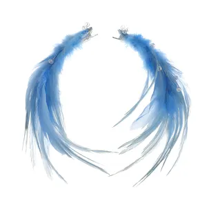 Beautiful Handmade Rhinestone Bride Wedding Hair Clips Women Head Jewelry Blue Feathers Hair Clips