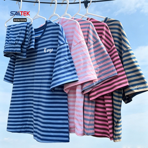 T-shirt rayé <span class=keywords><strong>rose</strong></span> à épaules tombantes en mélange de coton, décontracté, à manches courtes, coupe ample, pour femme, <span class=keywords><strong>haut</strong></span> court, col rond, t-shirt rayé - Product Image 1