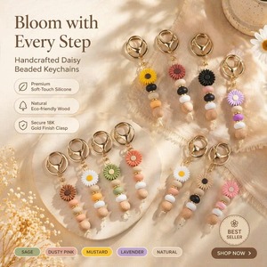 Porte-clés fleur style coréen, pendentif marguerite esthétique en perles de bois et silicone, breloque mignonne Kpop pour sac, cadeau pour femme - Product Image 2