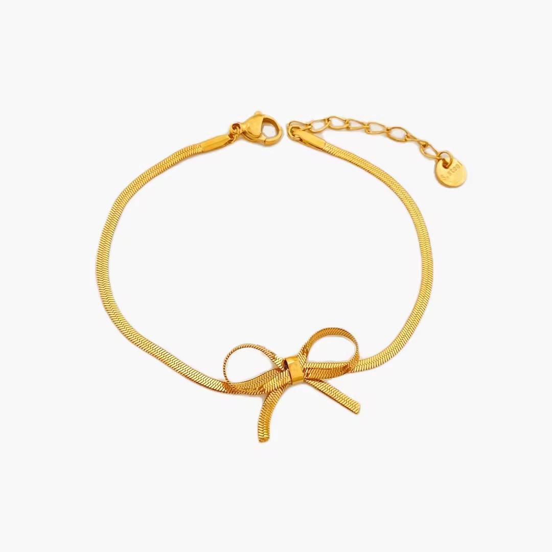 Fashion Jewelry 18K Gold Plated Snake Chain Bracelet Stainless Steel  Butterfly Knot Bow Bracelet for Girls