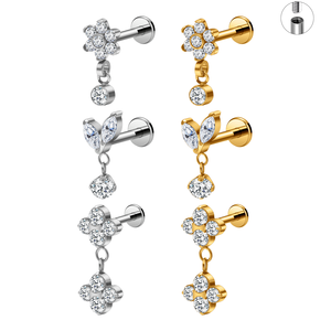 Bijou de fête en titane ASTM F136 G23 16G pour <span class=keywords><strong>piercing</strong></span> d'<span class=keywords><strong>oreille</strong></span>, labret, lèvre, hélix, <span class=keywords><strong>tragus</strong></span>, avec <span class=keywords><strong>double</strong></span> fleur CZ et dos plat - Product Image 1