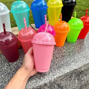 Custom Logo <b>Reusable</b> Large Hole Milk Tea <b>Cup</b> 16oz Colorful PP Glitter Plastic <b>Cups</b> with Lid and Straw - Product Image 1