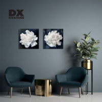 Lukisan Kanvas Bunga Peony Putih 3D Custom DX Designs dengan Latar Belakang Biru Dongker, Lukisan Minyak Floral untuk Dekorasi Rumah yang Elegan di Kamar Tidur