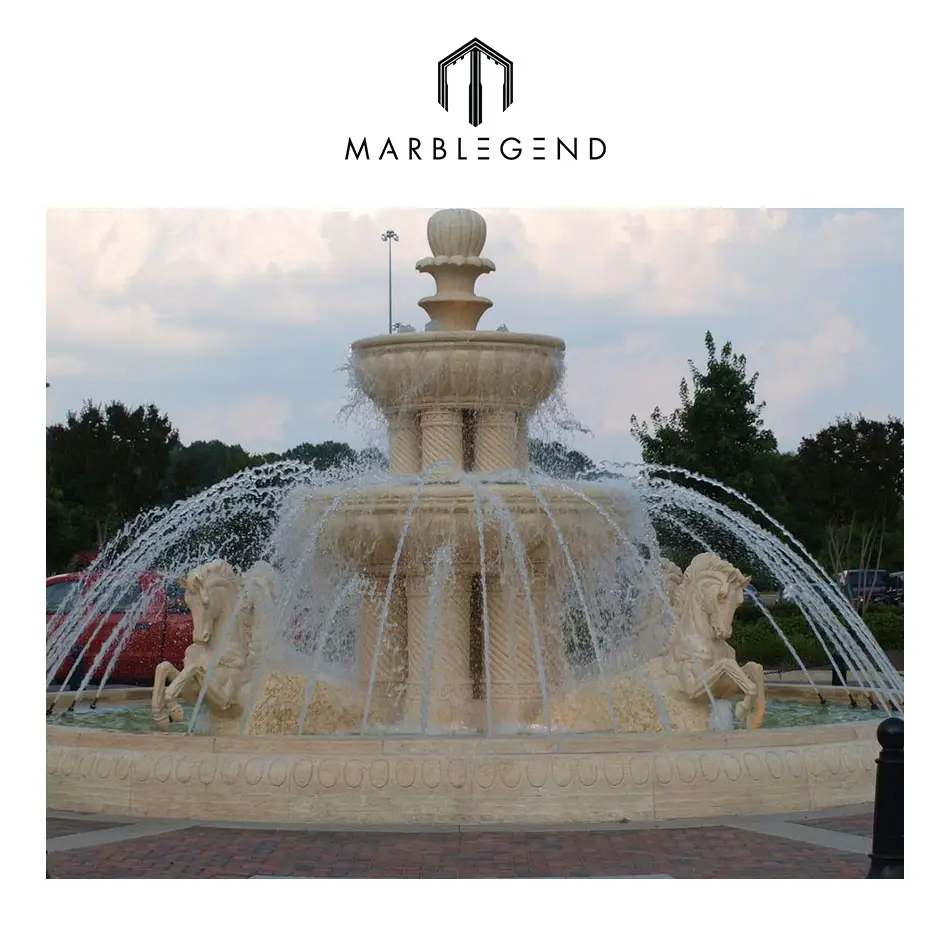 Fontaine d'eau d'été en marbre, grands verres, fournitures bon marché, décoration de jardin en plein air, rome, cheval