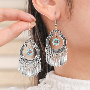 Vintage Geometric <b>Silver</b> Plated <b>Earrings</b> Women's <b>Long</b> Tassel Ethnic Style Everyday Wear - Product Image 4