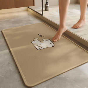 Tapis de bain rectangulaire en imitation lin, absorbant et antidérapant, pour entrée de salle de bain, motif chat et chien, blanc cassé - Product Image 3