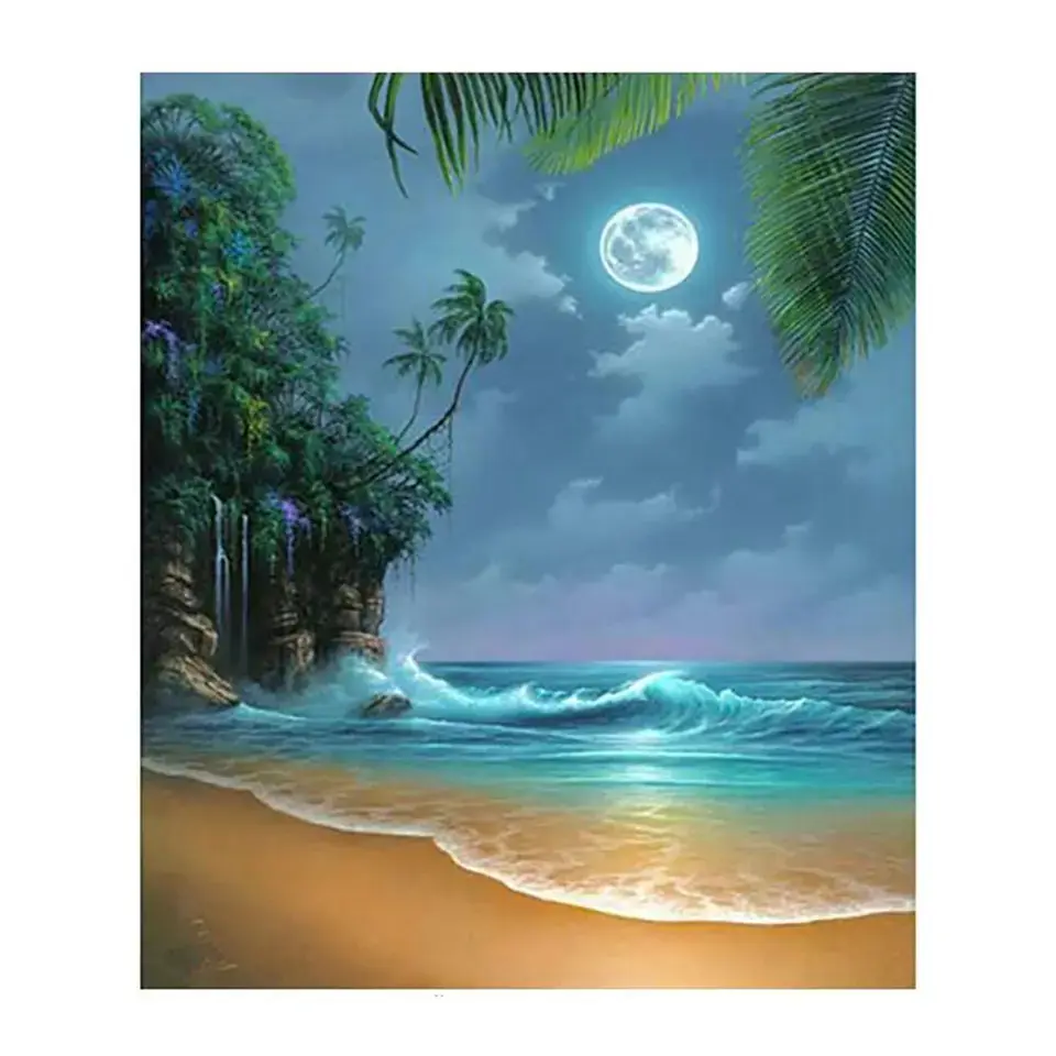 Handpainted DIY Diamond Painting Moon Paintings Of Boats On Beach Oil Painting for Living Room