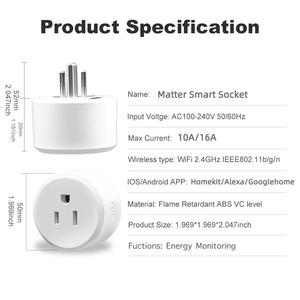 Enchufe Inteligente WiFi Matter de 16A, Estándar Estadounidense, Mini Enchufe Inteligente con Control Remoto, Función de Temporizador, Compatible con <span class=keywords><strong>Alexa</strong></span>/Google Home, Plástico ABS - Product Image 3