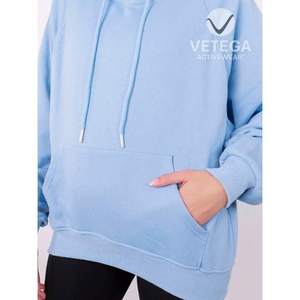 Sudadera Larga con Capucha para Mujer Vetega, Azul, Poliéster, Alta Elasticidad, con Bolsillo Tipo Canguro, Hombros Caídos, Cordón Ajustable - Product Image 1