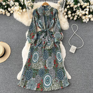 Robe plissée à manches longues imprimée indéfinie hiver automne femmes style de vacances robe plissée A-ligne - Product Image 4