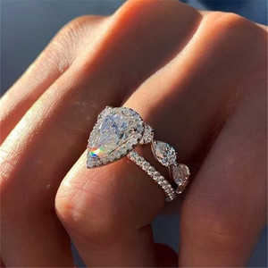 Anillo de mujer con forma de lágrima, conjunto de anillos de moda con piedra brillante, joyería elegante para los dedos - Product Image 2