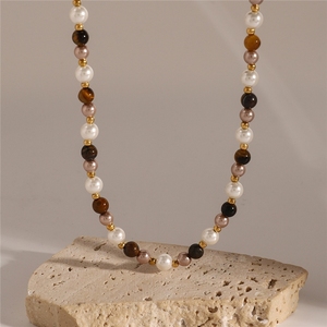 JFJEWER 18K oro Acero inoxidable piedra natural y concha perla Ojo de Tigre Boho collar de cuentas 42 + 5cm declaración de moda única - Product Image 3