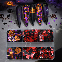 Autocollants de nail art Halloween à 6 compartiments, motifs citrouille, chauve-souris, croix, crâne, chat, mélange de paillettes et de sequins, pour décoration DIY de fête gothique scintillante