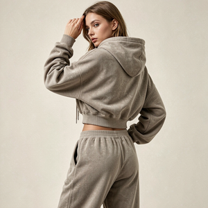 LEDUO Custom <b>Women</b> Set Washed Cropped Zip Hoodie Wide Leg Trousers <b>Women</b> Garment Soft Daily Casual <b>Outfit</b> - Product Image 3