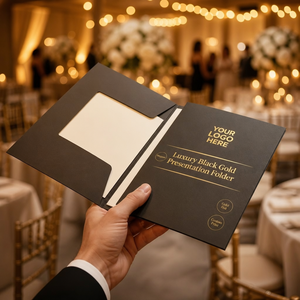 Cartella Portadocumenti <span class=keywords><strong>di</strong></span> Lusso Nera con Lamina Oro, Porta Documenti Pieghevole Premium, Logo Personalizzato, Cancelleria <span class=keywords><strong>di</strong></span> Alta Qualità - Product Image 3