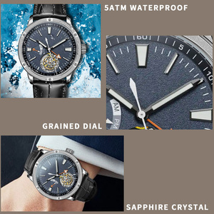 Montre mécanique tourbillon à double fuseau horaire personnalisée OEM pour homme, boîtier en acier inoxydable, bracelet en cuir, mouvement automatique 42 mm, verre saphir - Product Image 3