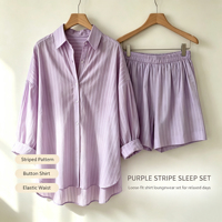 Ensemble de pyjama 2 pièces en coton rayé pour femme, décontracté, oversize, short, tenue de détente, taille élastique, vêtements de nuit, vêtements d'intérieur tendance
