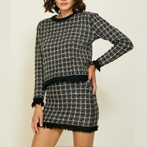 Maglione da donna in <span class=keywords><strong>maglia</strong></span> di Tweed scozzese bianco nero <span class=keywords><strong>con</strong></span> <span class=keywords><strong>frange</strong></span> <span class=keywords><strong>con</strong></span> orlo a maniche lunghe per eleganti e Casual da festa - Product Image 1