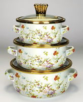 Ensemble de batterie de cuisine émaillée au design floral moderne, comprenant une marmite en verre à double poignée avec couvercle, compatible induction, pour mijoter, faitout et casseroles