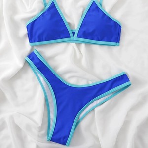 Conjunto de bikini de dos piezas para mujer, con cuello halter cruzado, ribete en contraste, corte alto elástico, traje de baño de spandex/poliéster para natación y deportes acuáticos - Product Image 4