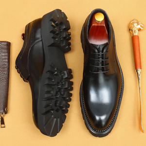 <b>Black</b> Men's Genuine Leather Round Toe <b>Lace</b>-Up Business Shoes-Thick-Soled High-Heeled Casual Derby Anti-Slip Breathable Soles - Product Image 1