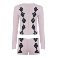 Ensemble assorti décontracté pour femme en tricot à carreaux et blocs de couleur, comprenant un T-shirt zippé à manches longues et un short, coupe droite, respirant et écologique