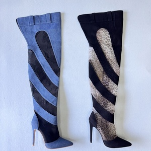 Wholesale Mesh Cut Out Women's Over Knee High Boots Denim Stiletto Heels Leopards <b>Shoes</b> Side Zipper Summer Long Booties - Product Image 6