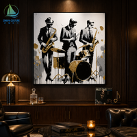 Peinture à l'huile de groupe de jazz avec accents dorés, noir, blanc et or, art pop musical, décorations murales pour les intérieurs des amateurs de musique